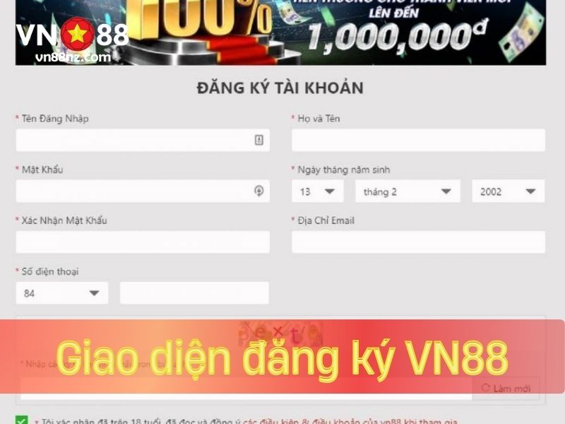 Giao diện đăng ký tại VN88