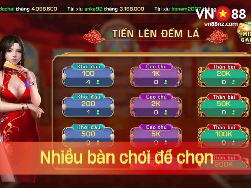 Tiến lên miền Nam VN88 có nhiều bàn chơi để chọn